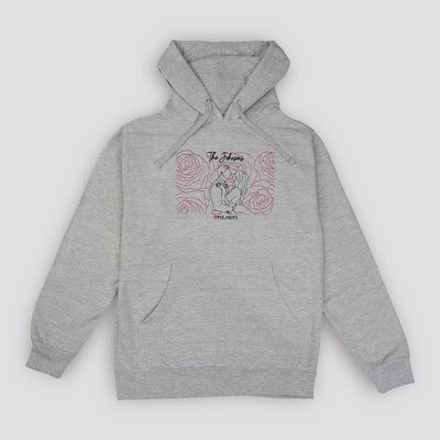 Grey embroidered Soulmate Customs hoodie with couple outline includes backround image in outline