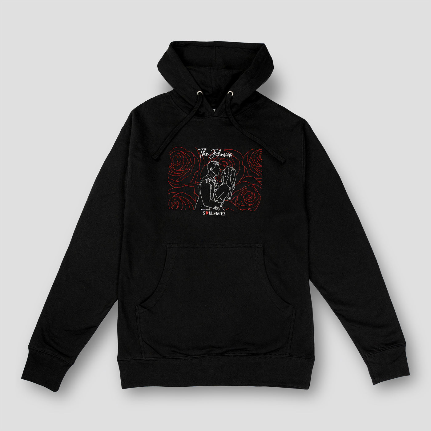 Black embroidered Soulmate Customs hoodie with couple outline includes backround image in outline