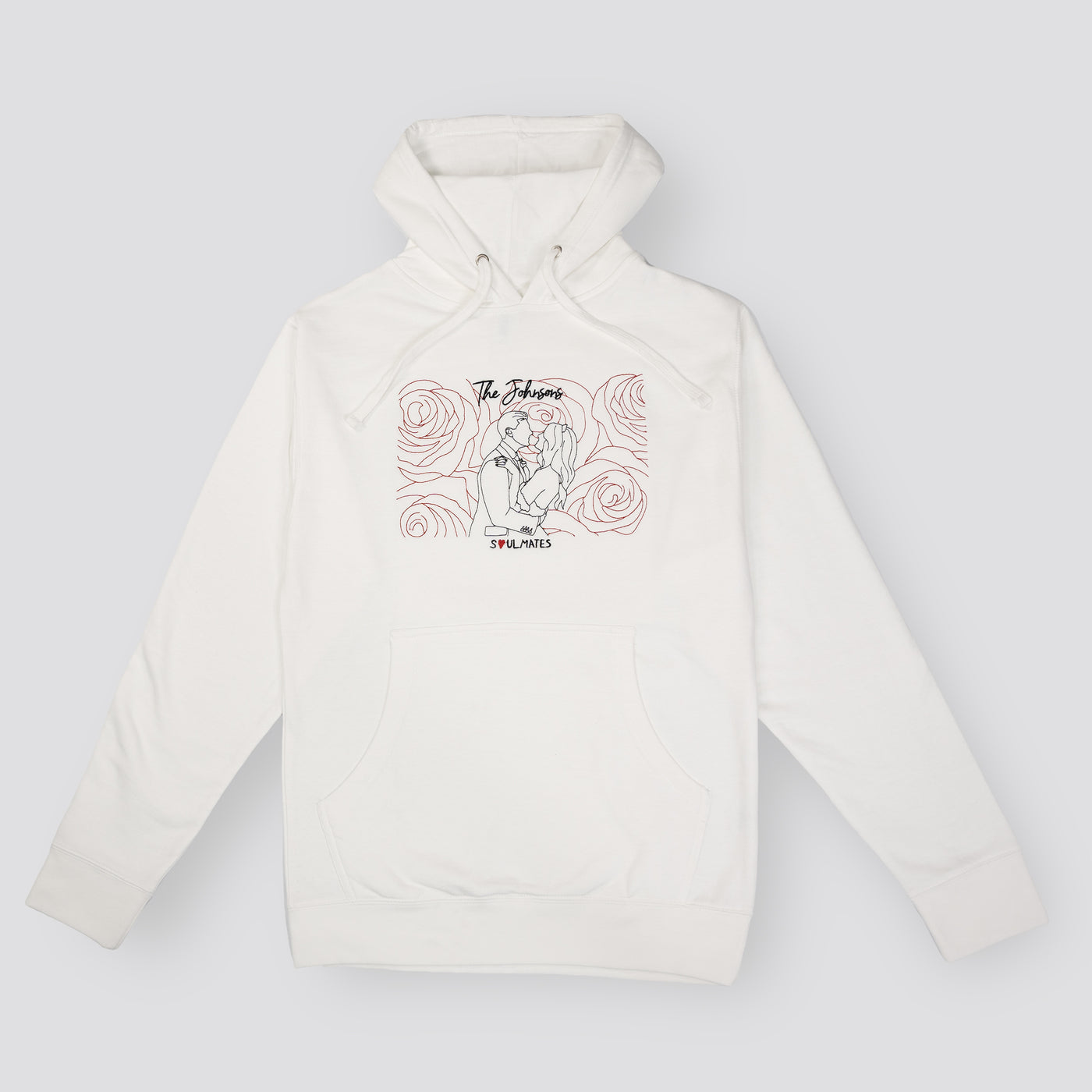 White embroidered Soulmate Customs hoodie with couple outline includes backround image and red and black thread