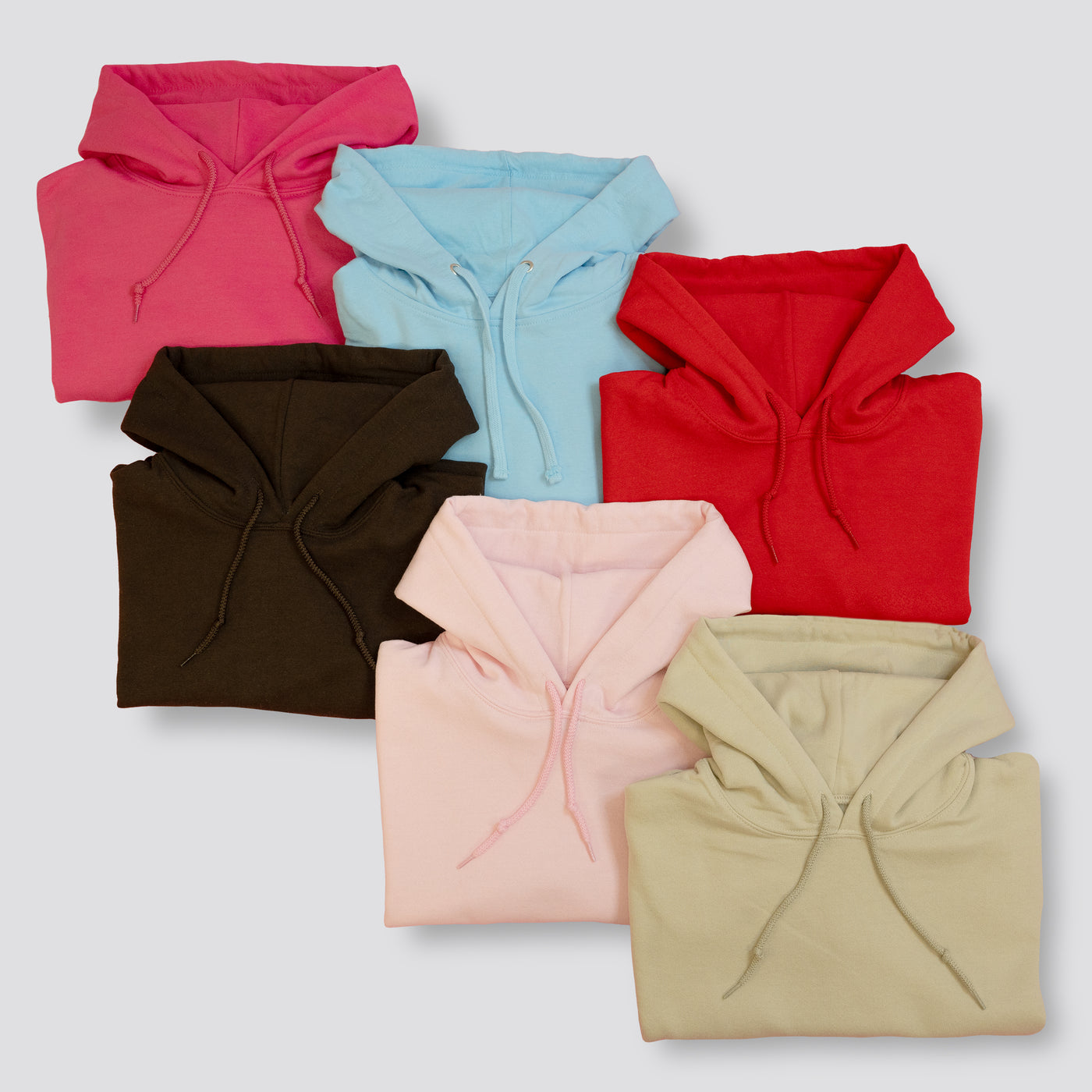 Hoodie options in pink, baby blue, red, brown, hot pink, and beige