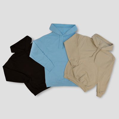 Black, blue and beige hoodie options