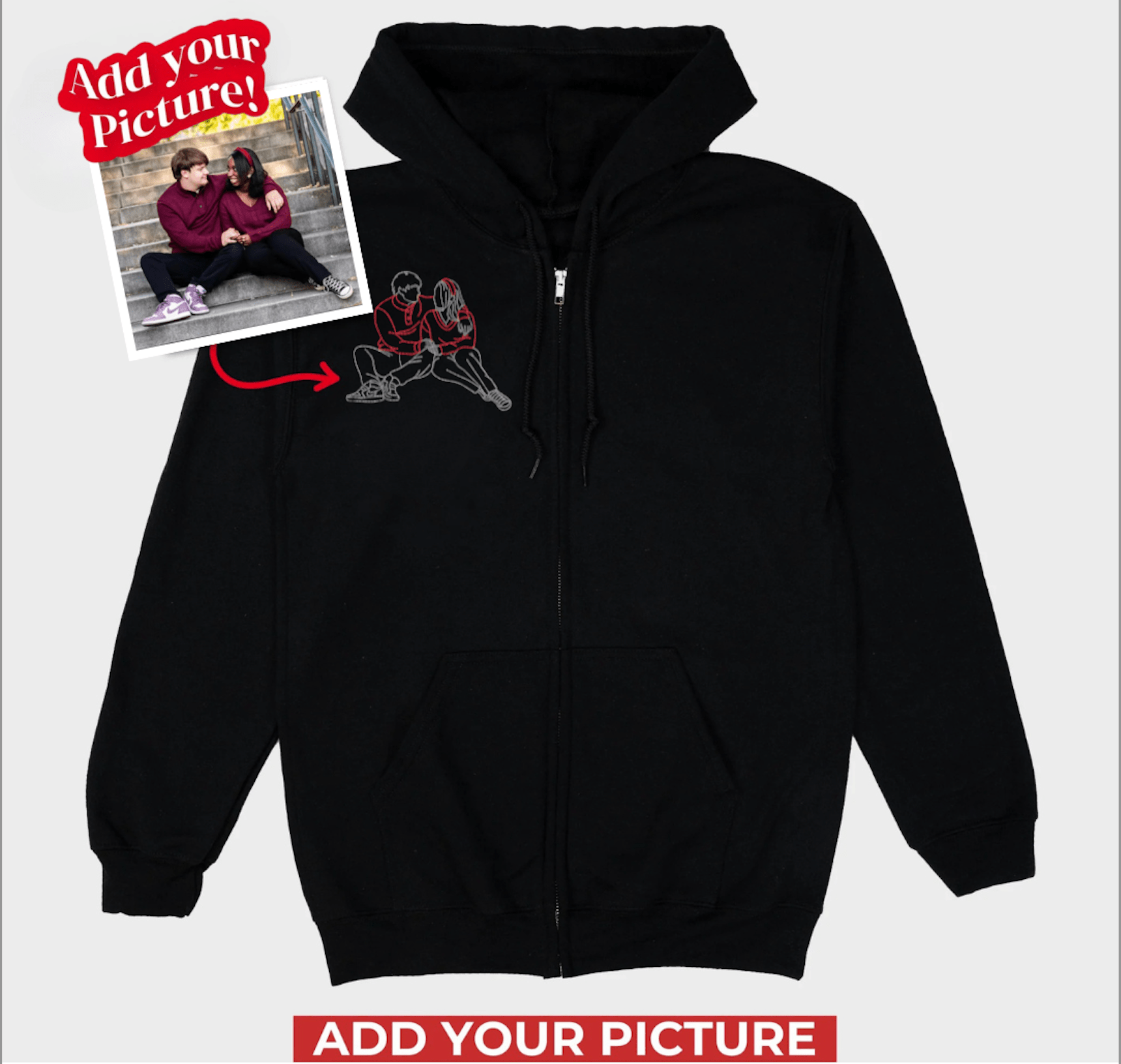Custom Embroidered Photo Zip - Up Hoodie - Soulmate Customs