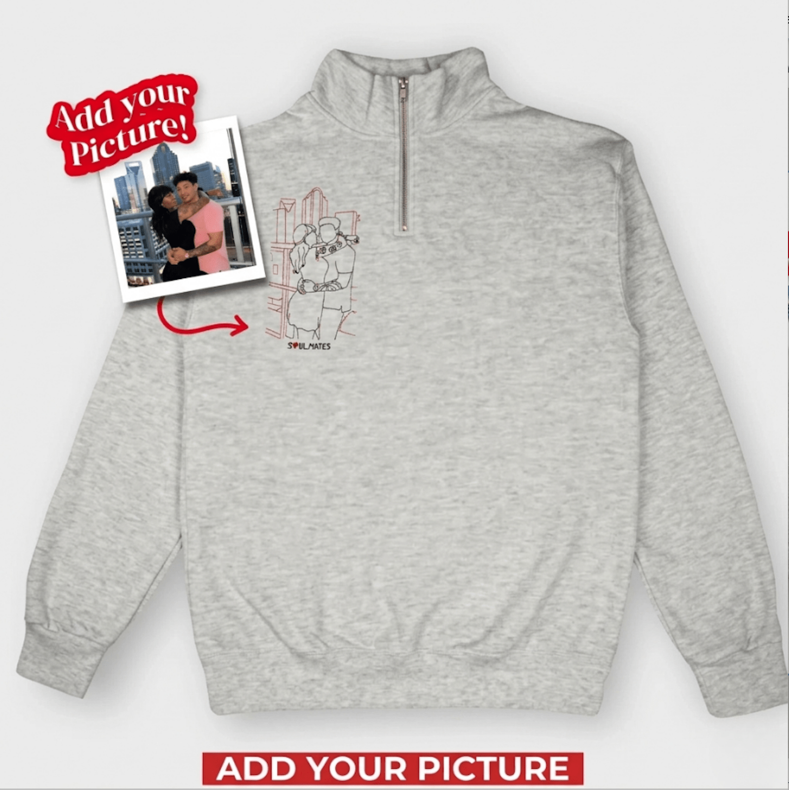 Custom Embroidered Photo Quarter - Zip Sweatshirt - Soulmate Customs